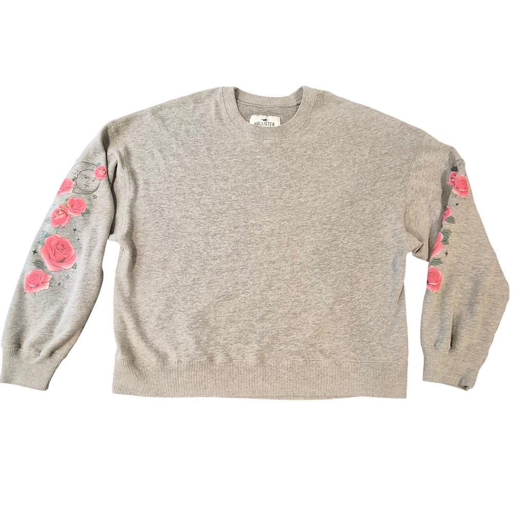 Hollister Gray Rose Sun Moon Graphic Sweatshirt Womens Large Crewneck Pullover